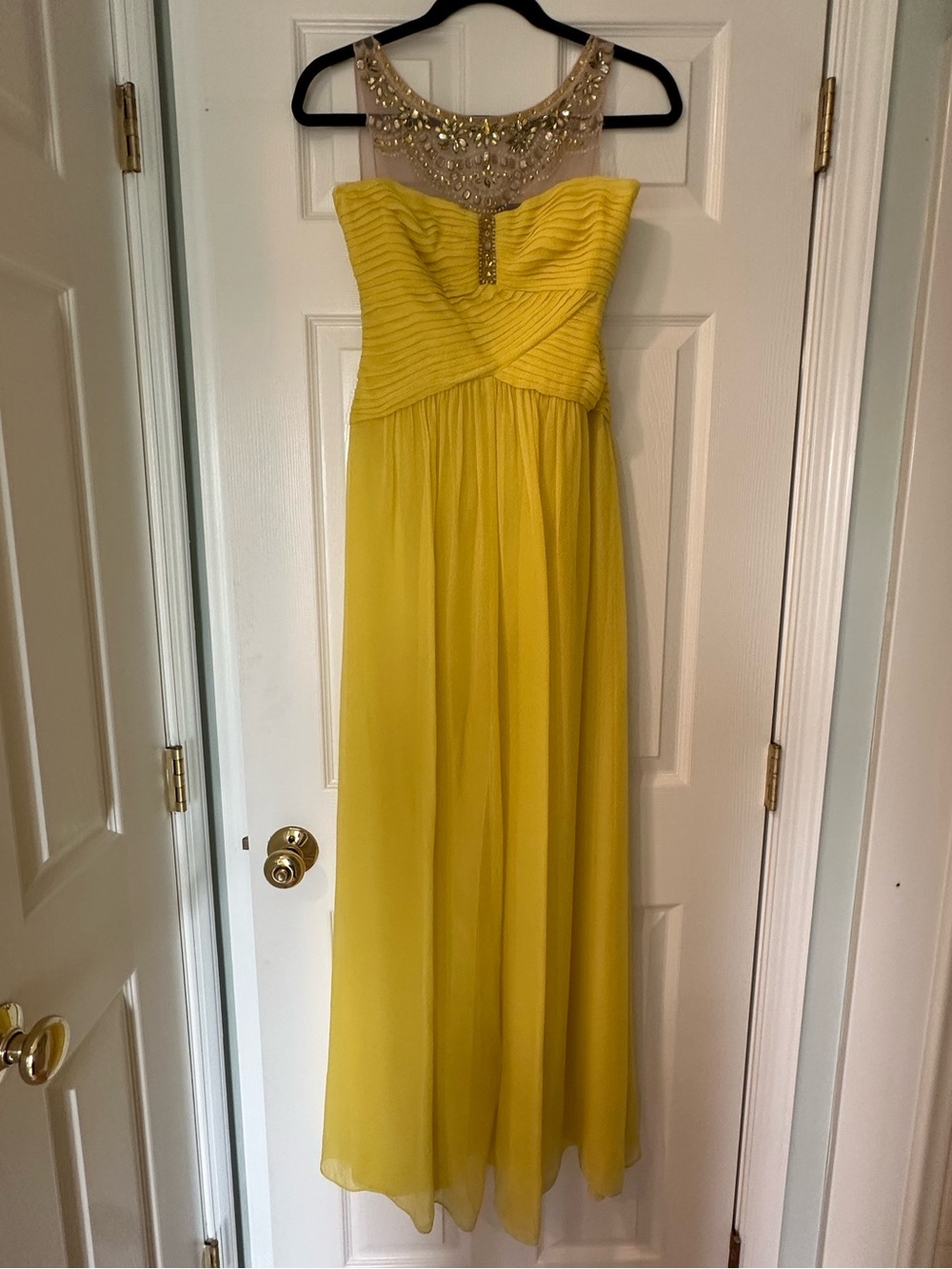 BCBG Max Azria Beaded Illusion Neck Yellow Chiffon Maxi Gown Dress Size 0